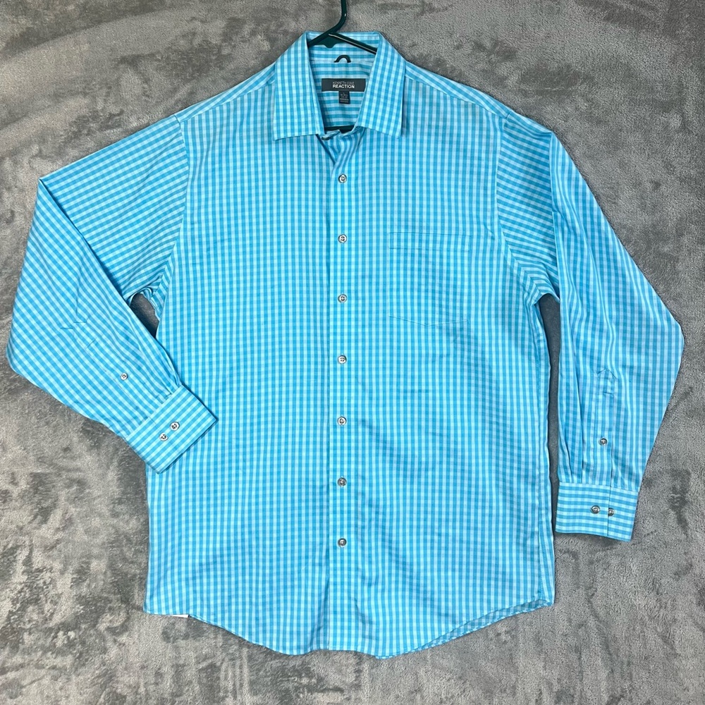 Kenneth Cole Reaction Blue Gingham Dress‎ Shirt Size L Non-Iron